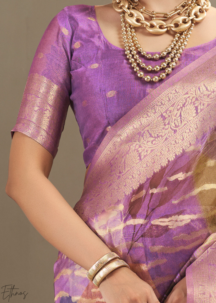 Lavender Lilac Abstract Digital Print Metallic Vellora Saree