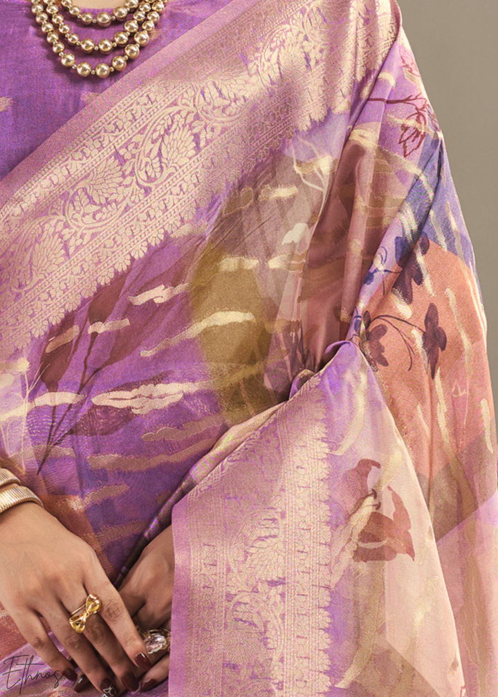 Lavender Lilac Abstract Digital Print Metallic Vellora Saree