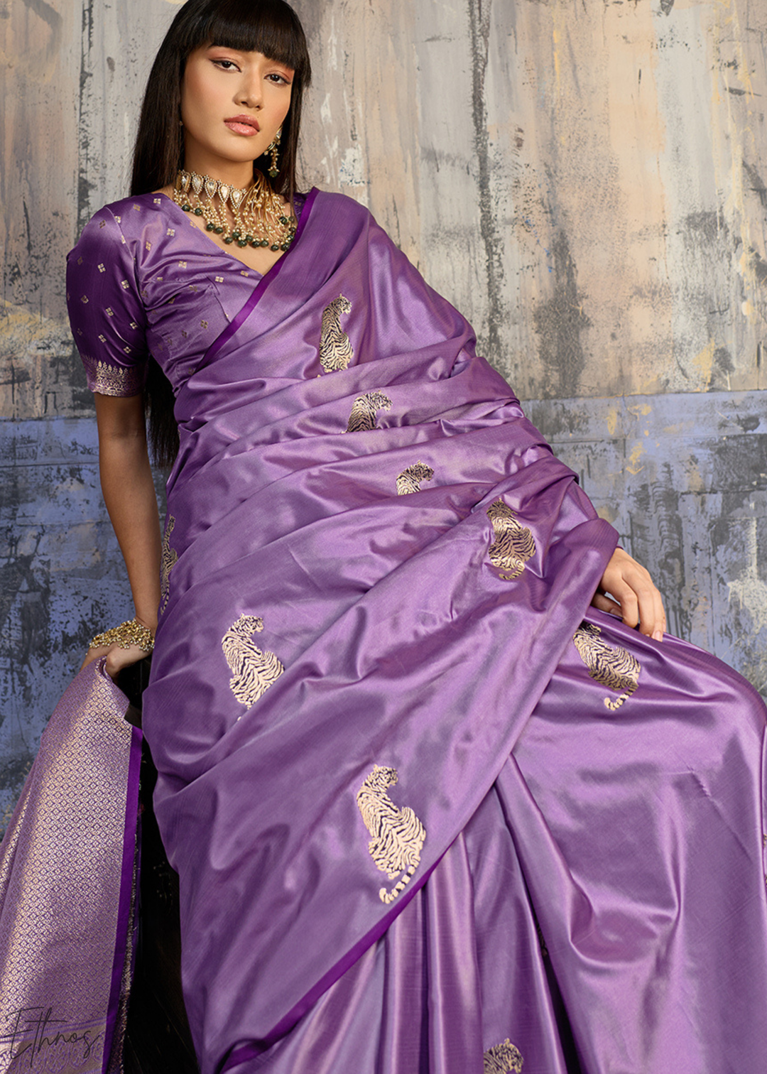 Lavender Majestic Feline Banarasi Satin Silk Saree