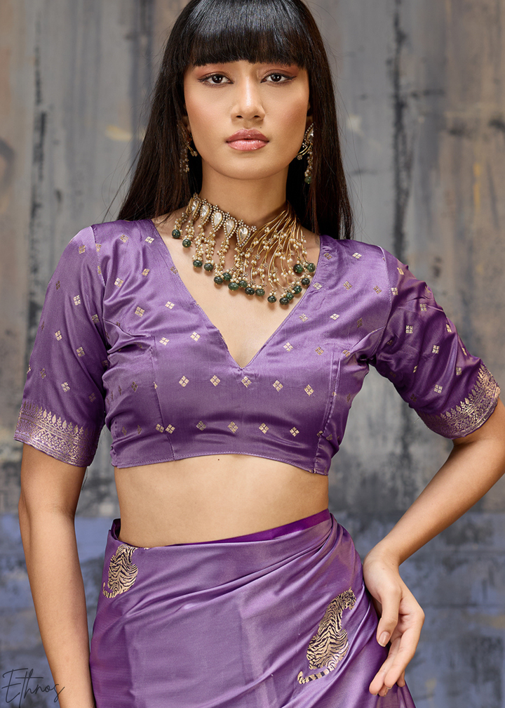 Lavender Majestic Feline Banarasi Satin Silk Saree