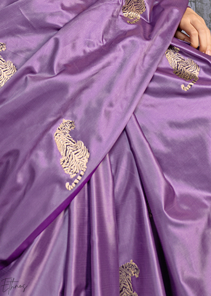 Lavender Majestic Feline Banarasi Satin Silk Saree