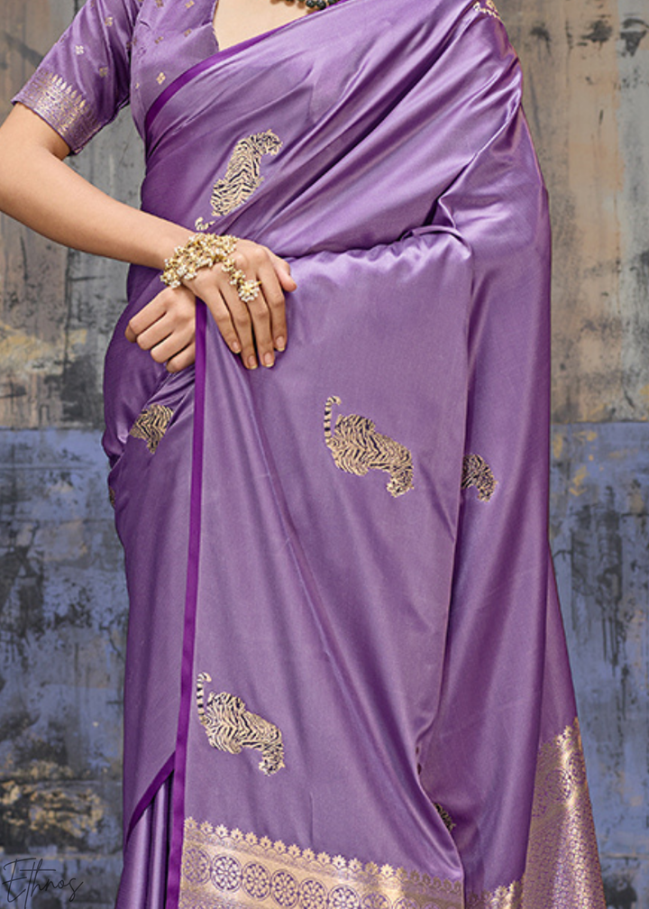Lavender Majestic Feline Banarasi Satin Silk Saree