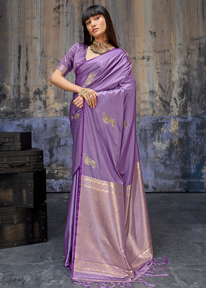 Lavender Majestic Feline Banarasi Satin Silk Saree
