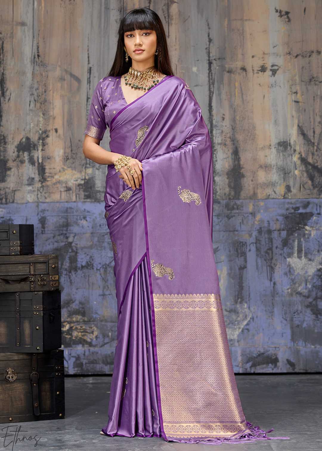 Lavender Majestic Feline Banarasi Satin Silk Saree