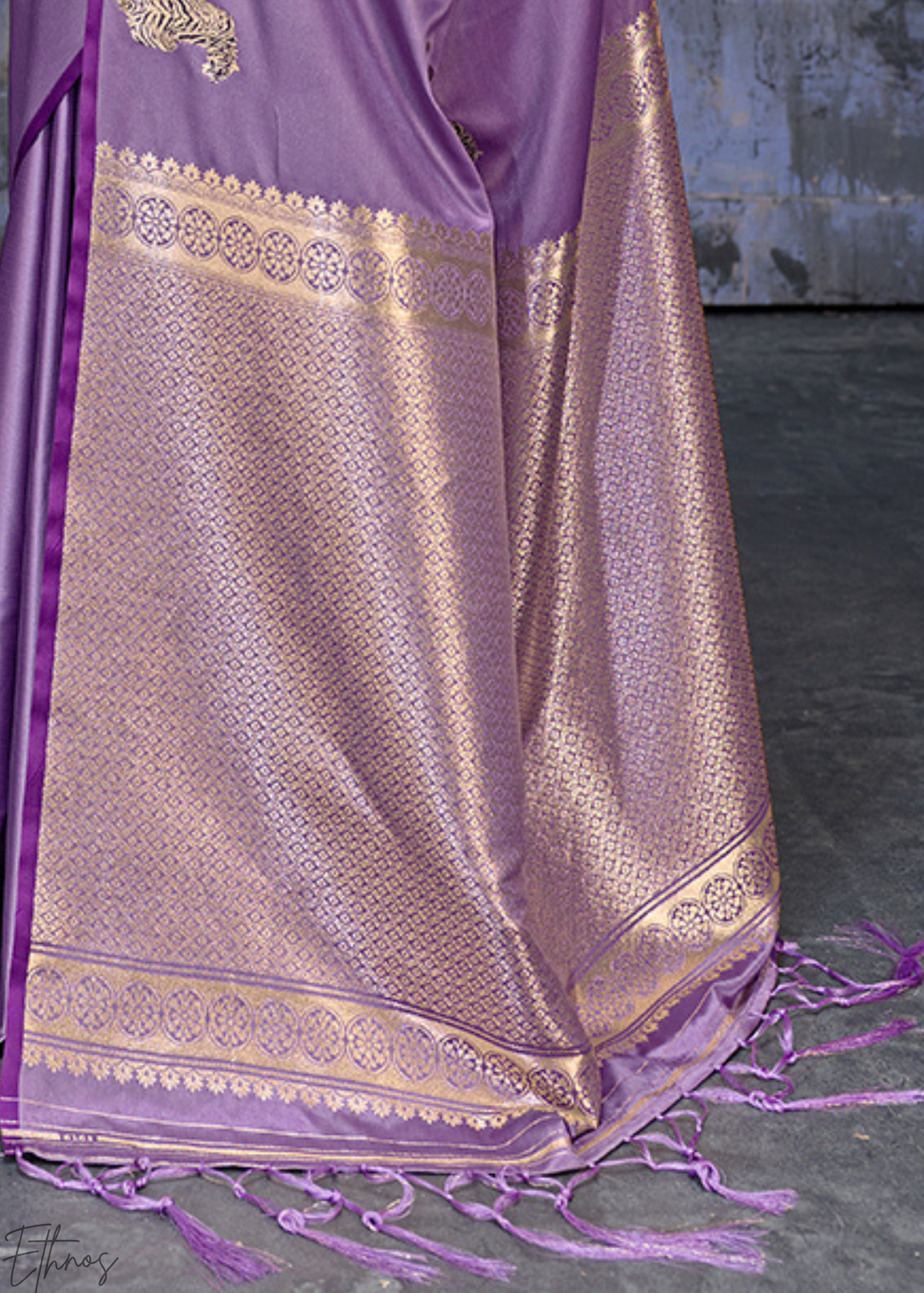 Lavender Majestic Feline Banarasi Satin Silk Saree
