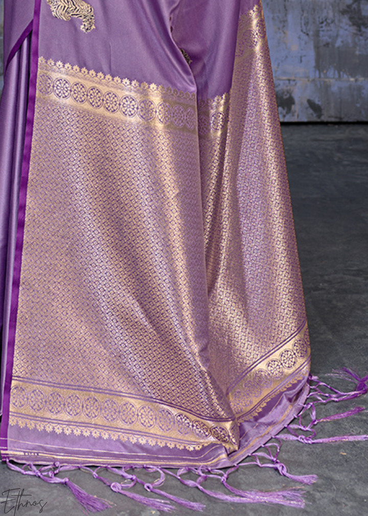 Lavender Majestic Feline Banarasi Satin Silk Saree