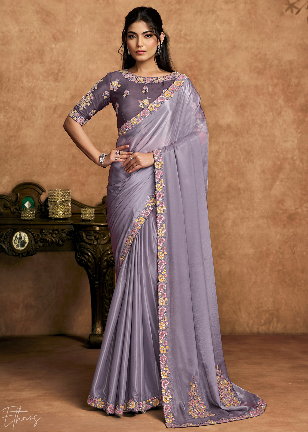 Lavender Mist Sequin Embroidered Pure Crepe Satin Saree