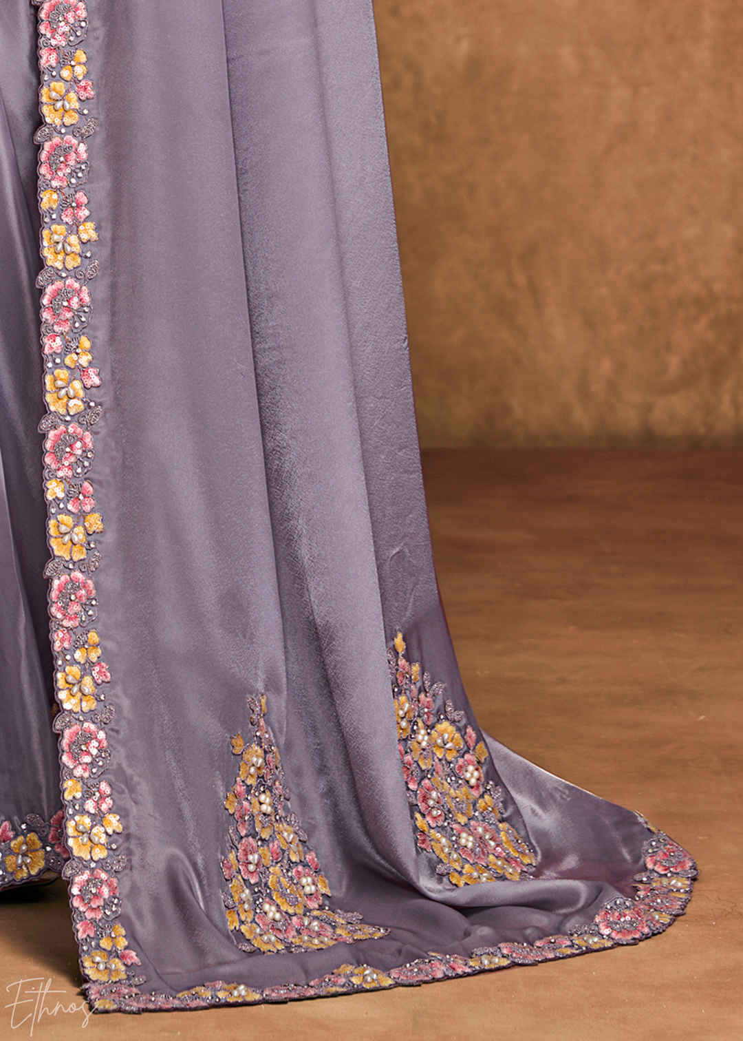 Lavender Mist Sequin Embroidered Pure Crepe Satin Saree