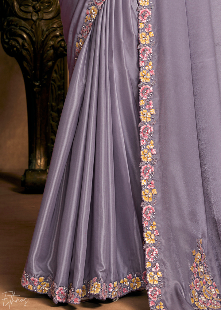 Lavender Mist Sequin Embroidered Pure Crepe Satin Saree