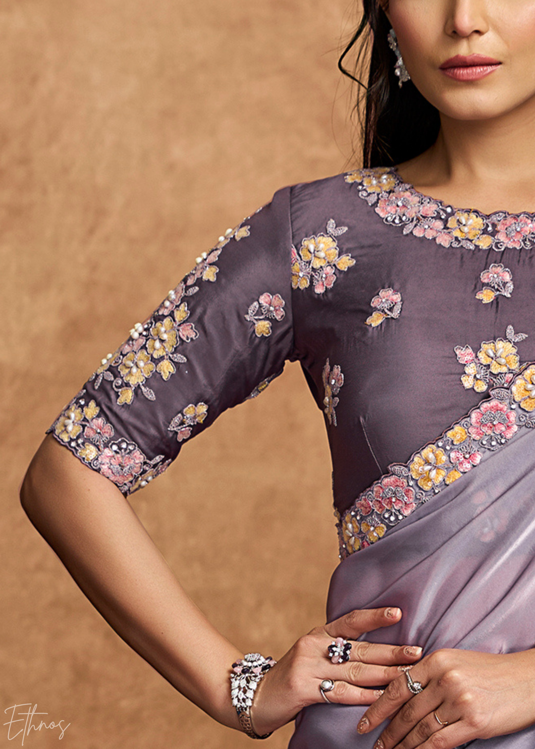 Lavender Mist Sequin Embroidered Pure Crepe Satin Saree