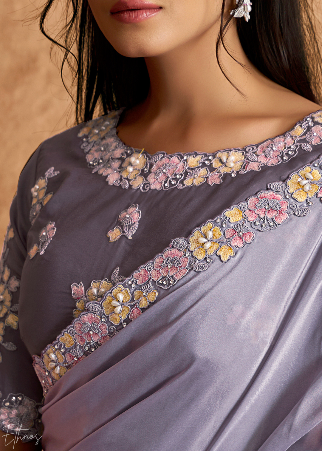 Lavender Mist Sequin Embroidered Pure Crepe Satin Saree