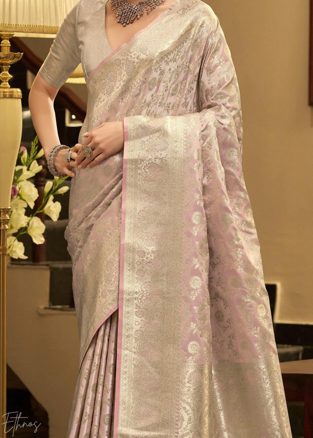 Lavender Moonflower Iridescent Woven Satin Silk Saree