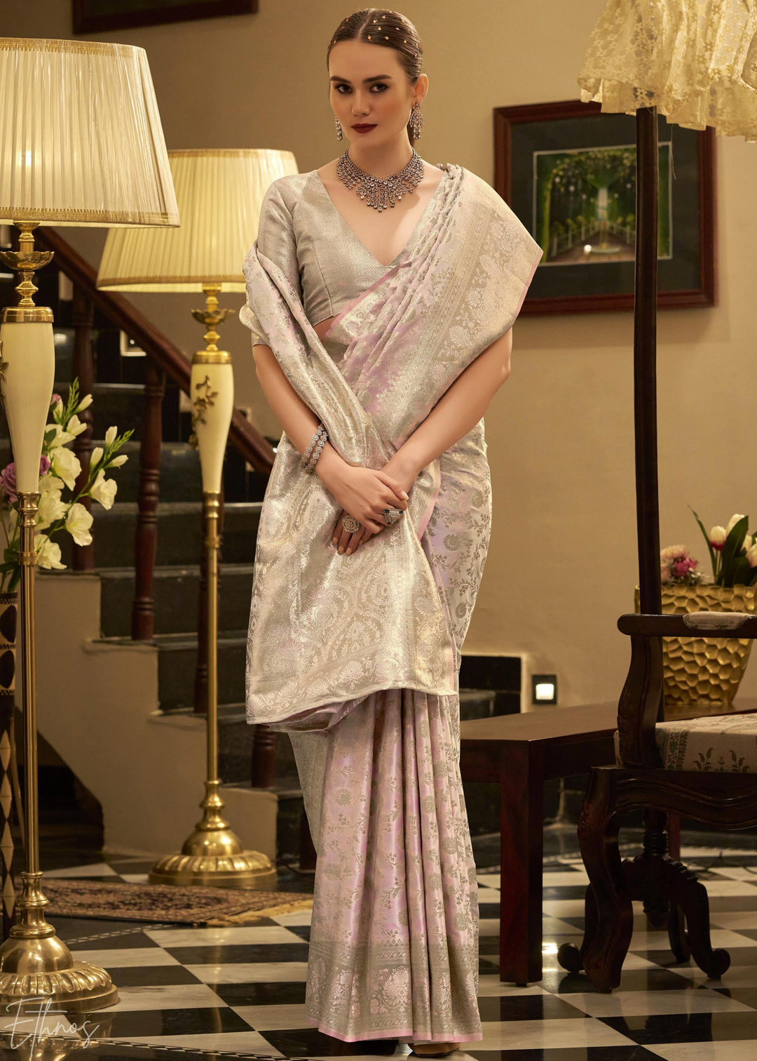 Lavender Moonflower Iridescent Woven Satin Silk Saree