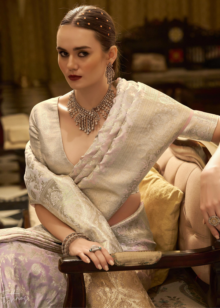 Lavender Moonflower Iridescent Woven Satin Silk Saree