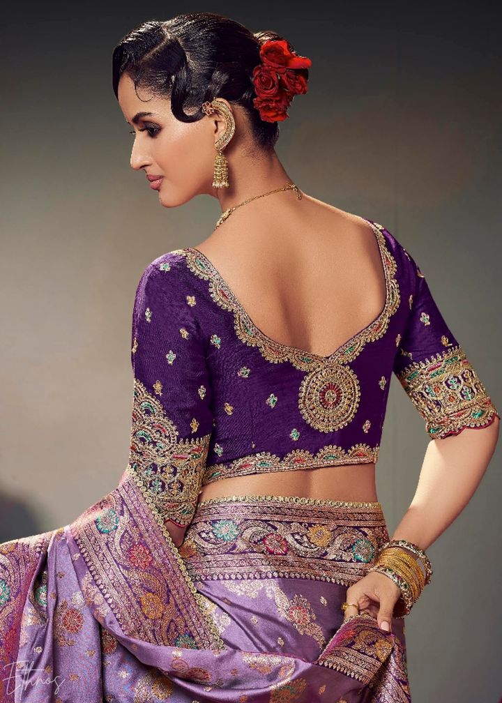 Lavender Purple Allover Floral Brocade Satin Silk Saree