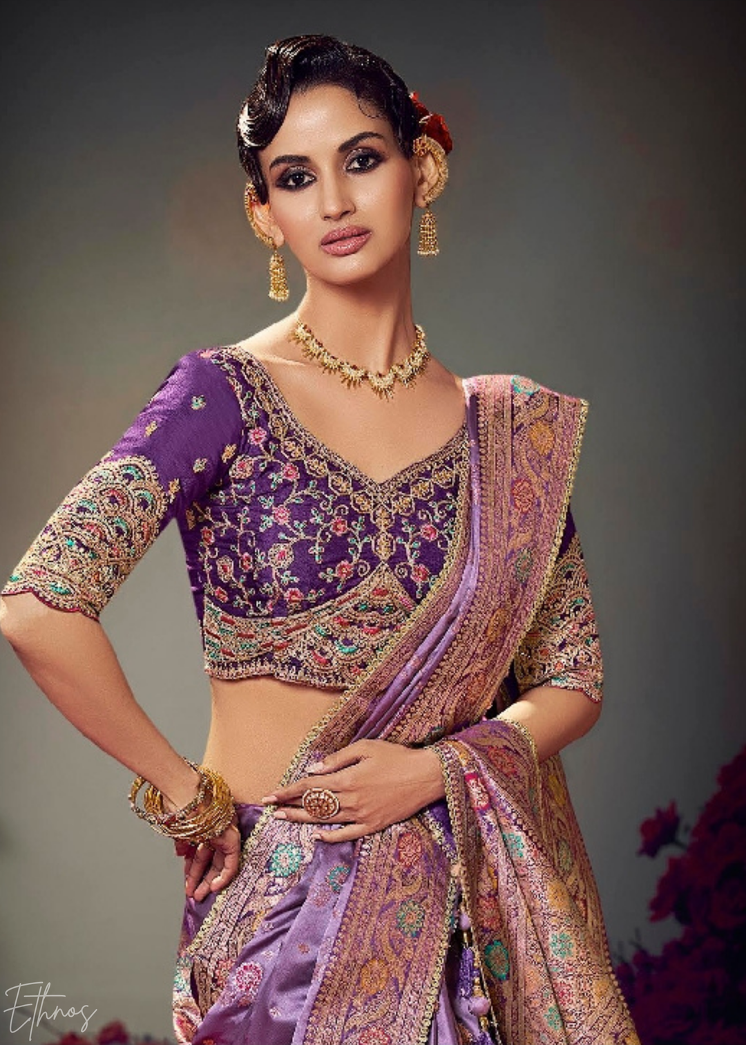 Lavender Purple Allover Floral Brocade Satin Silk Saree
