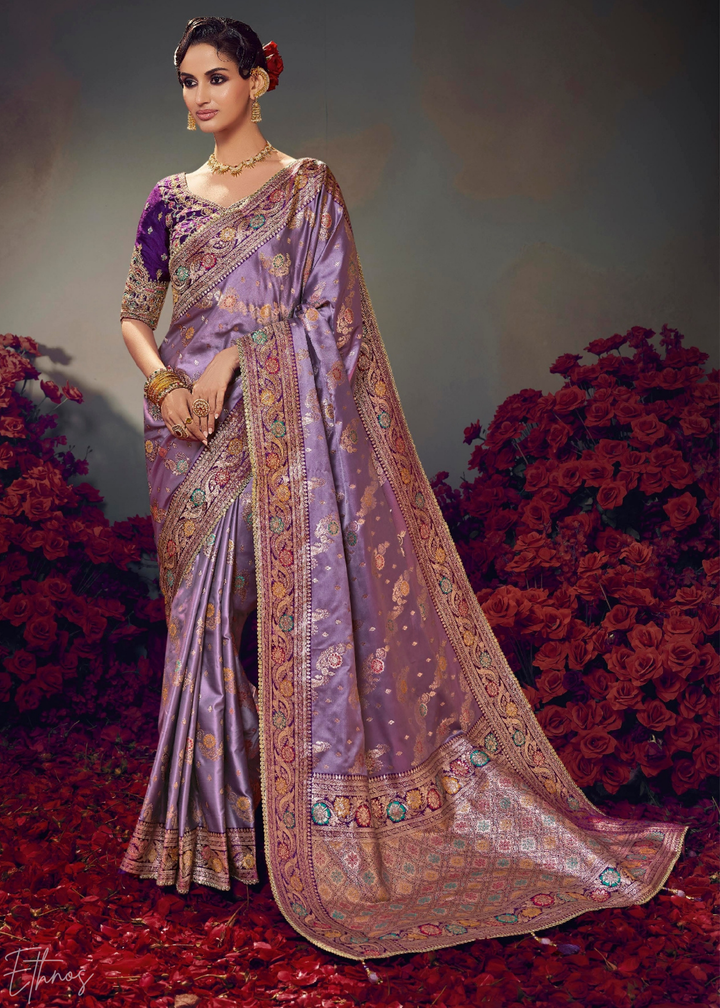 Lavender Purple Allover Floral Brocade Satin Silk Saree