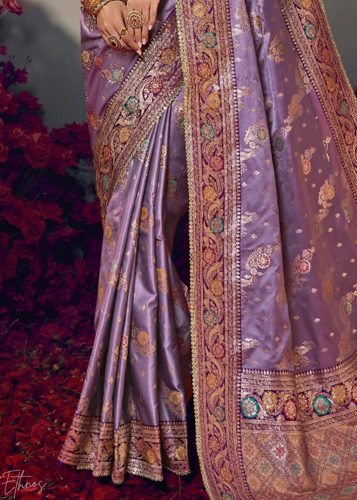 Lavender Purple Allover Floral Brocade Satin Silk Saree