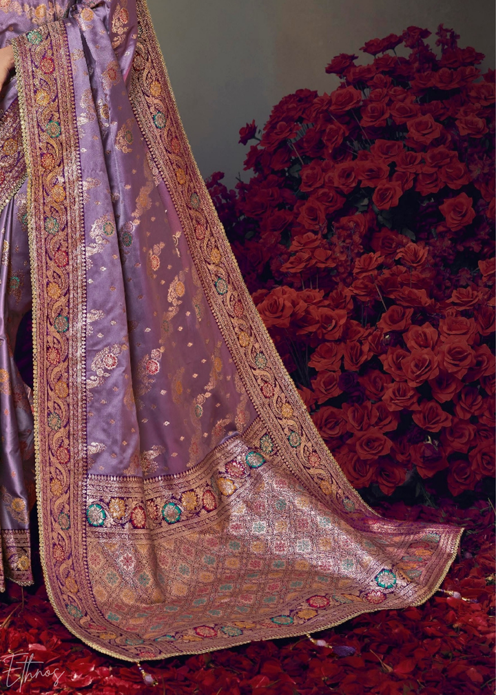Lavender Purple Allover Floral Brocade Satin Silk Saree