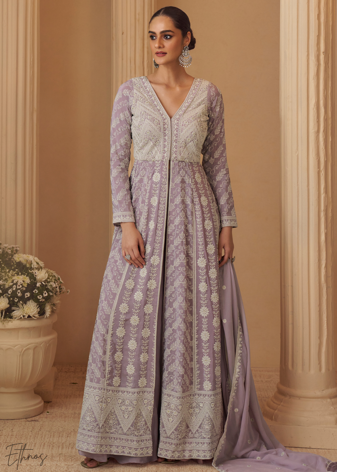 Lavender Purple Chikankari Georgette Anarkali Palazzo Suit