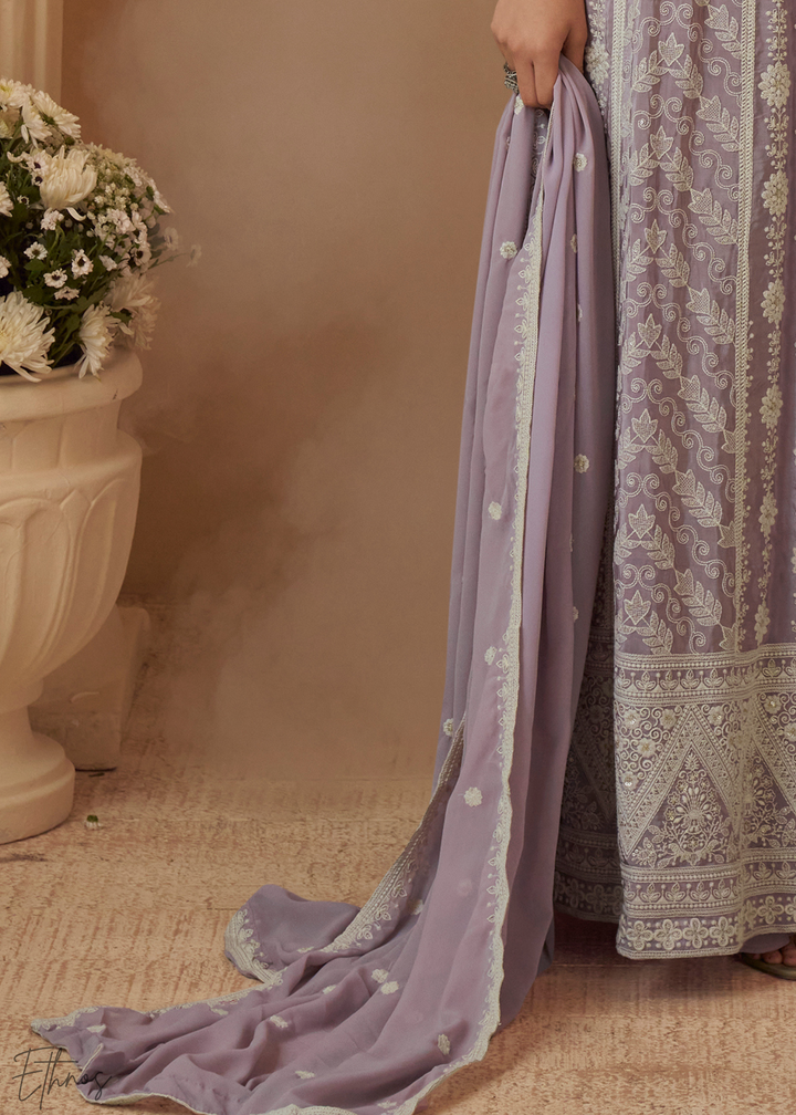 Lavender Purple Chikankari Georgette Anarkali Palazzo Suit
