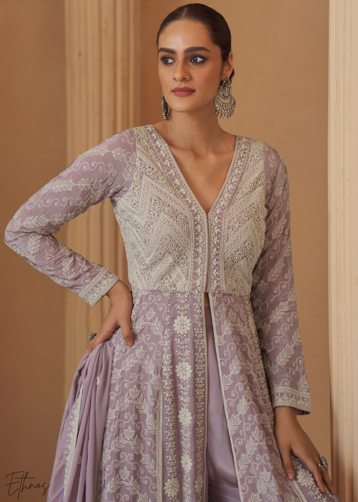Lavender Purple Chikankari Georgette Anarkali Palazzo Suit