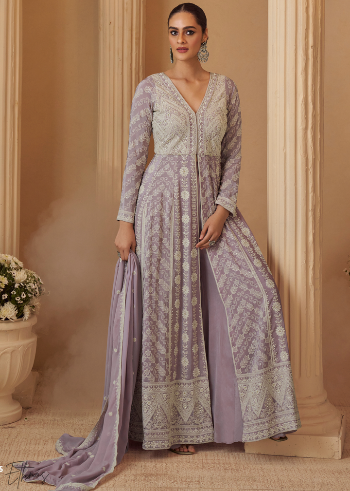 Lavender Purple Chikankari Georgette Anarkali Palazzo Suit