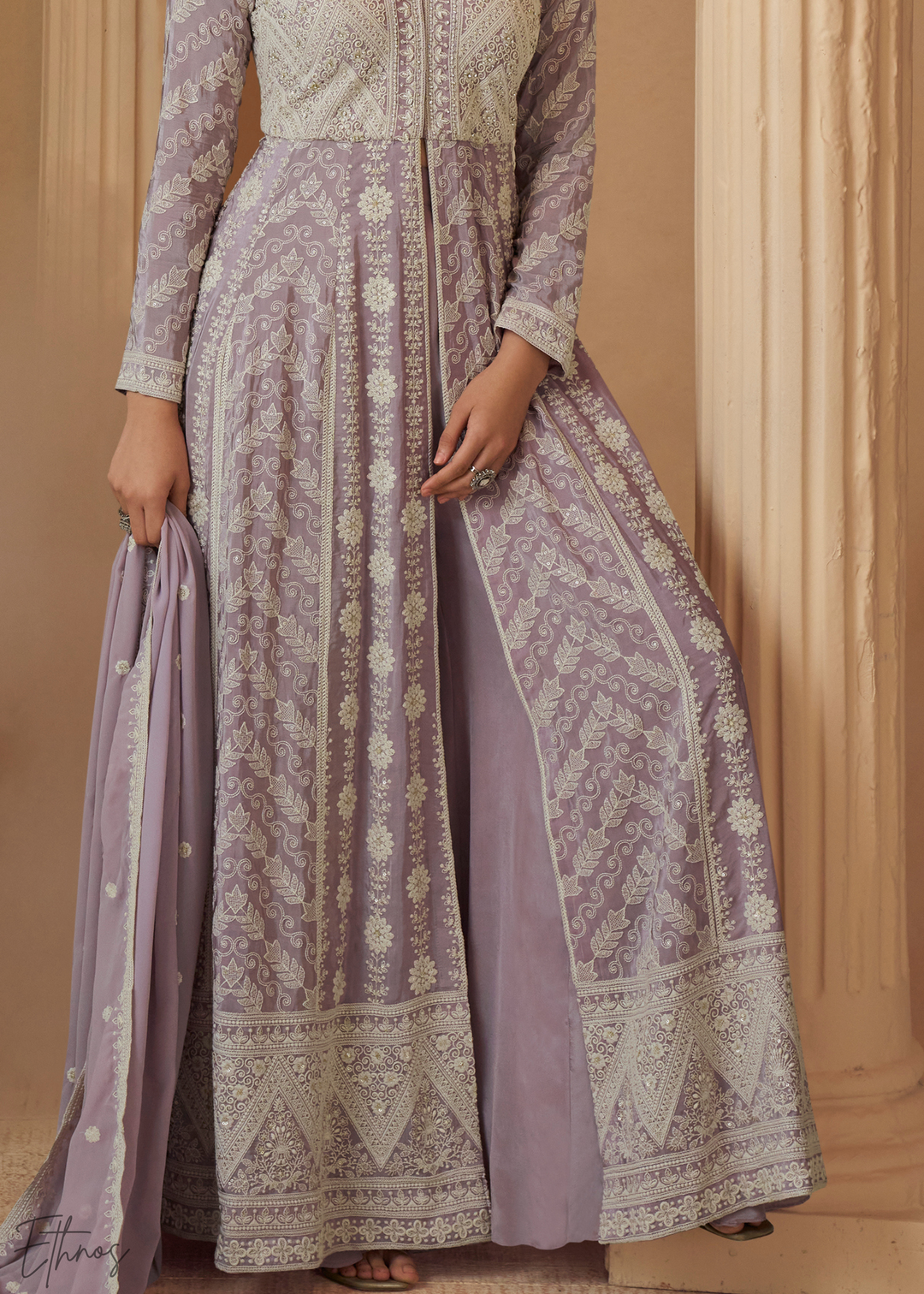Lavender Purple Chikankari Georgette Anarkali Palazzo Suit