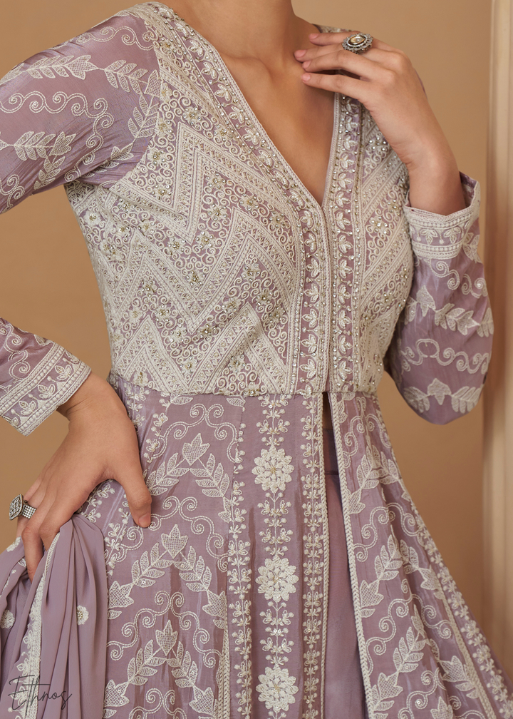 Lavender Purple Chikankari Georgette Anarkali Palazzo Suit