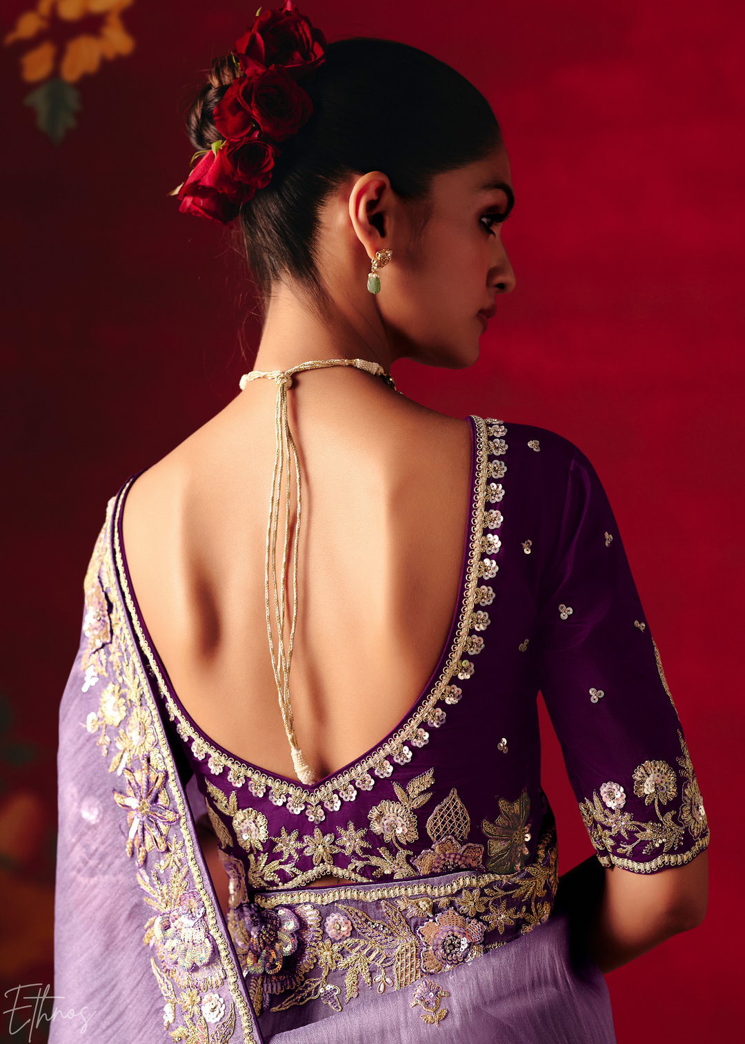 Lavender Purple Floral Sequin Embroidered Organza Tissue Saree