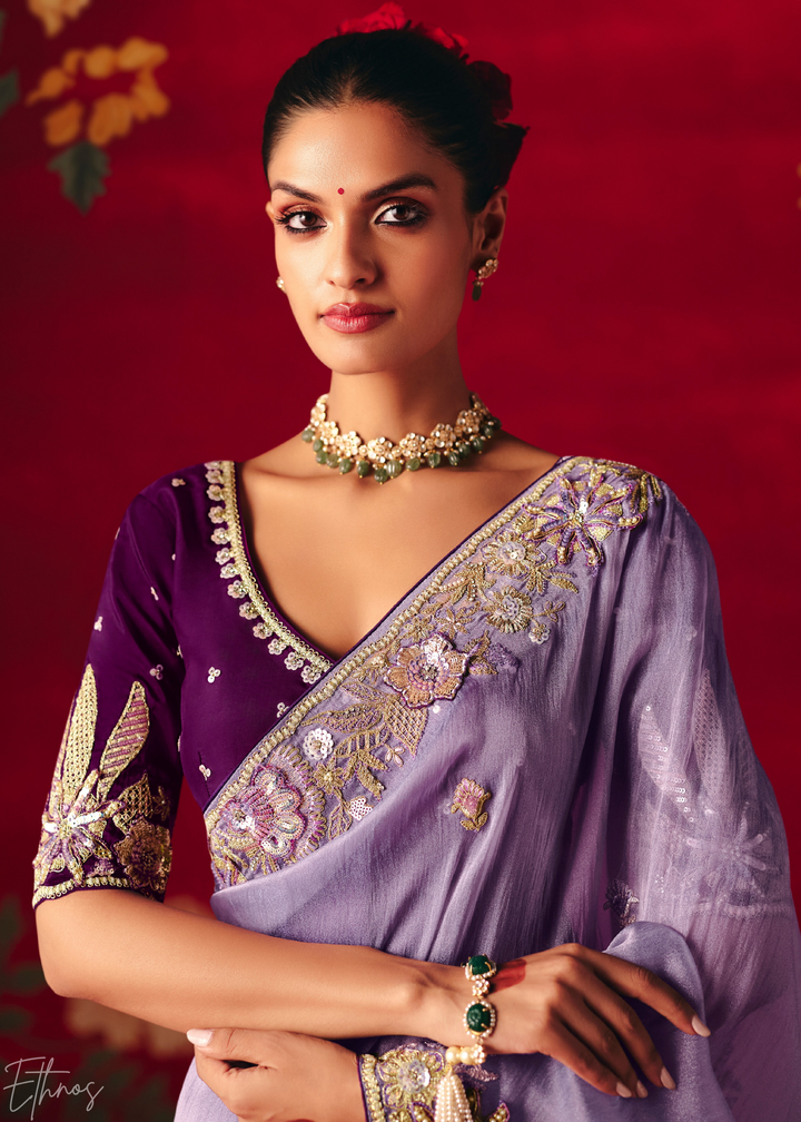 Lavender Purple Floral Sequin Embroidered Organza Tissue Saree