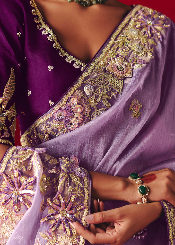 Lavender Purple Floral Sequin Embroidered Organza Tissue Saree