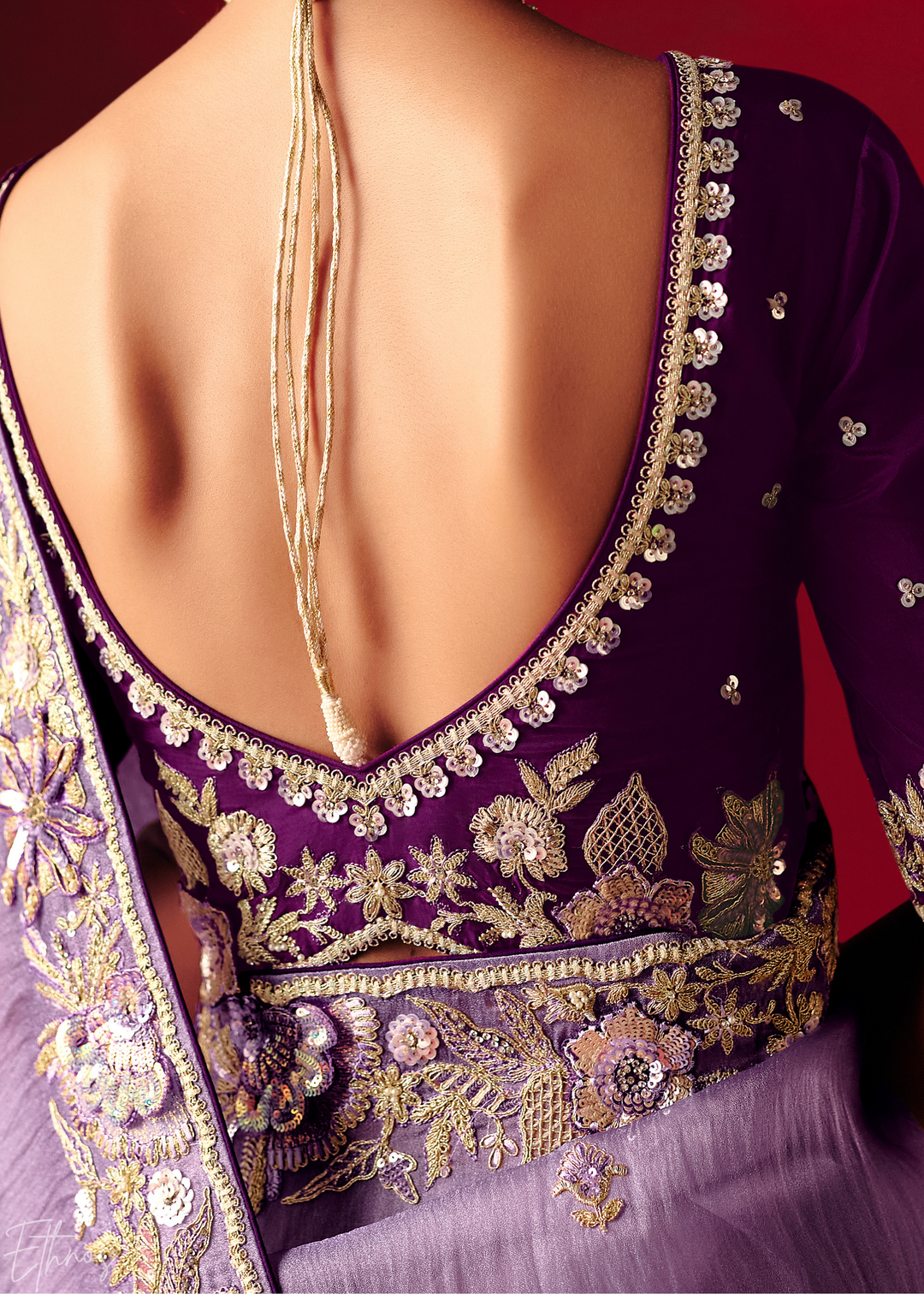 Lavender Purple Floral Sequin Embroidered Organza Tissue Saree