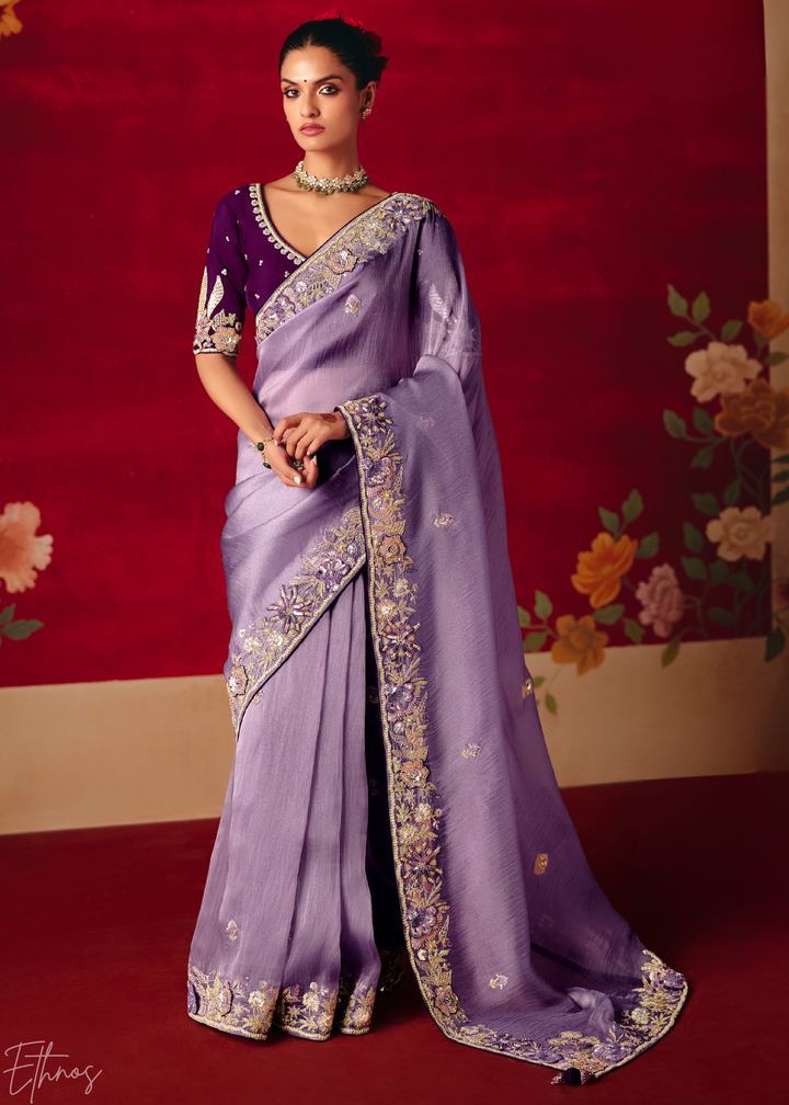 Lavender Purple Floral Sequin Embroidered Organza Tissue Saree