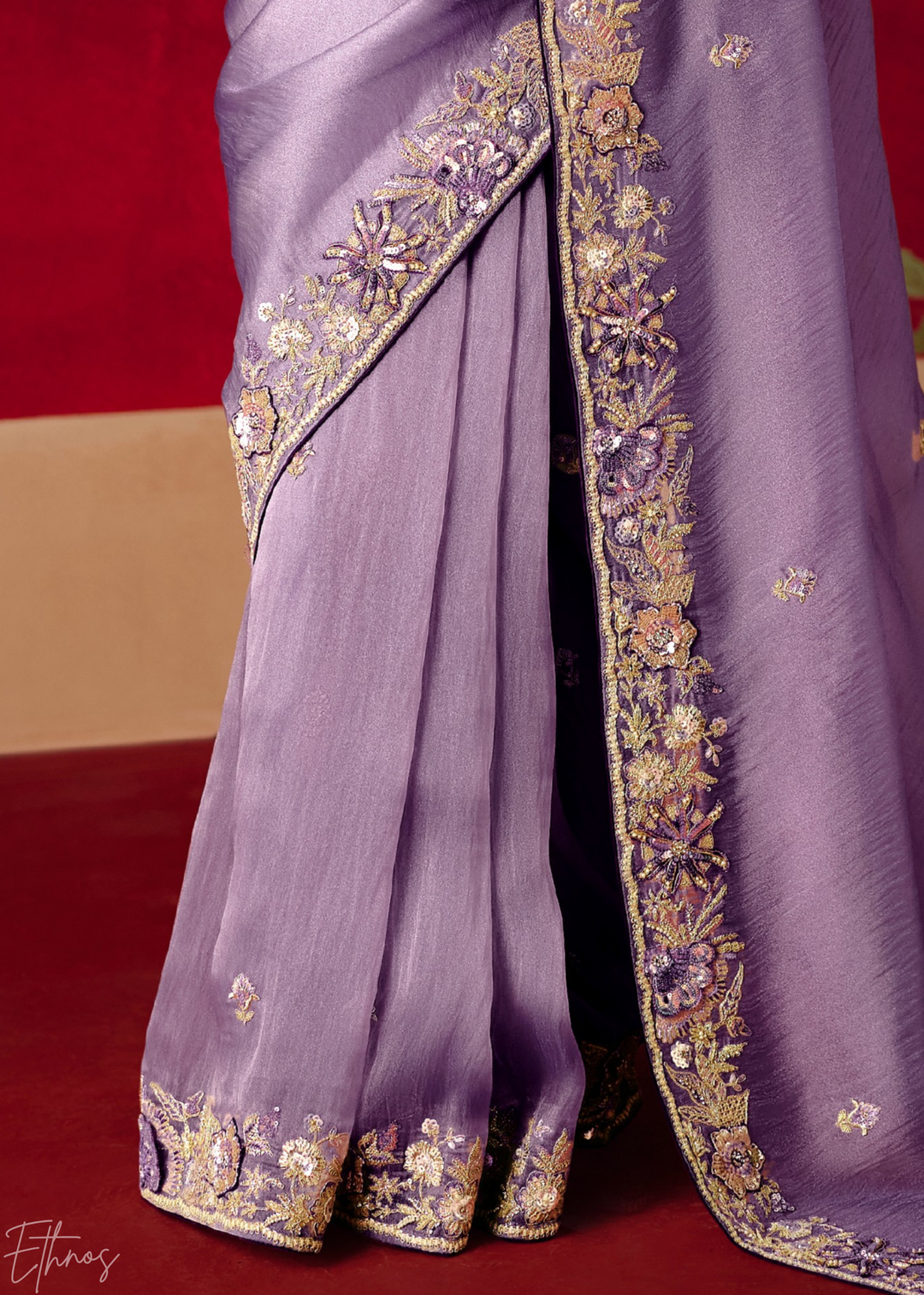 Lavender Purple Floral Sequin Embroidered Organza Tissue Saree