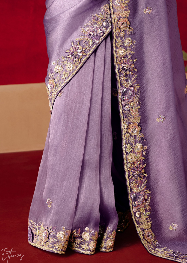 Lavender Purple Floral Sequin Embroidered Organza Tissue Saree