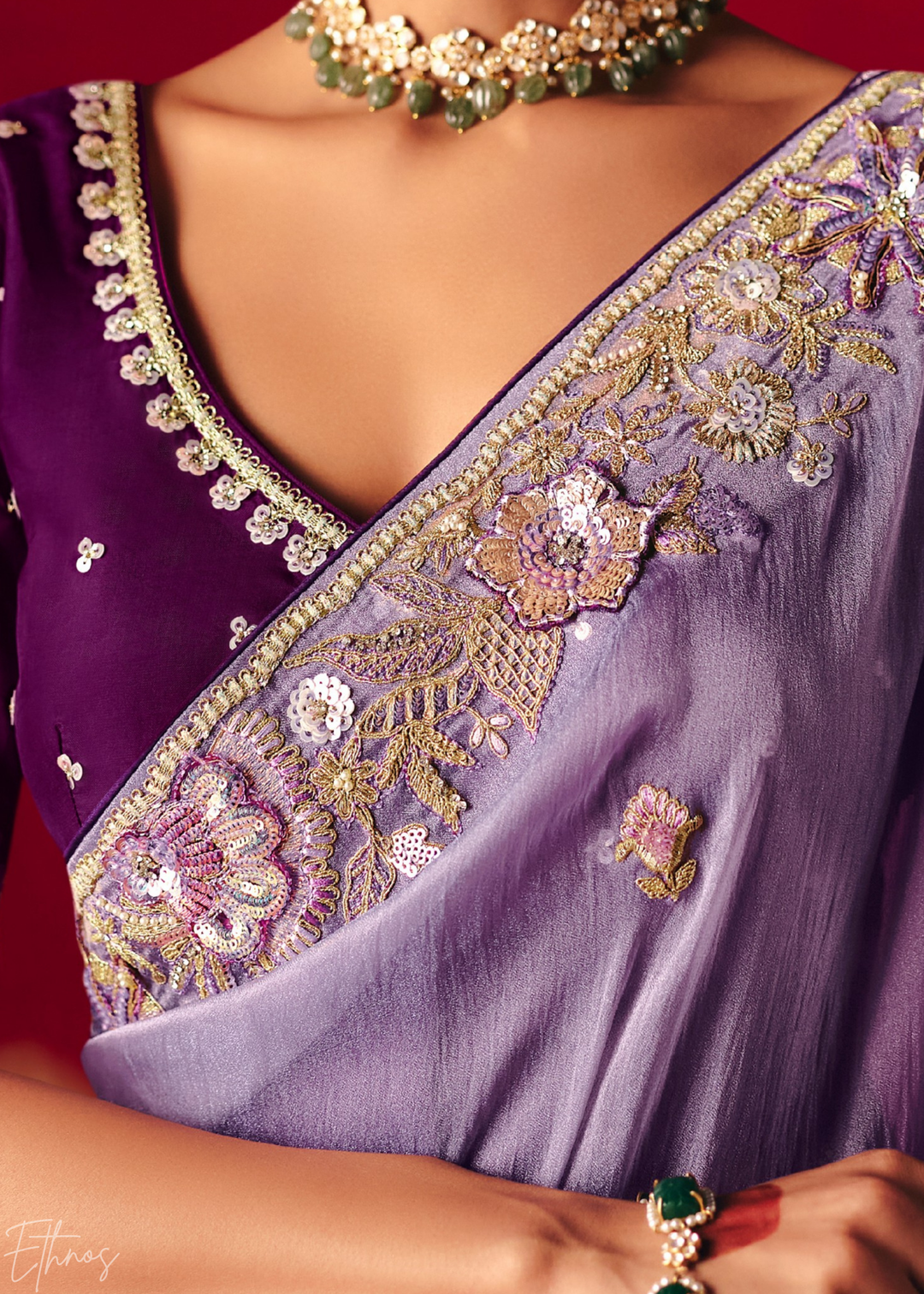 Lavender Purple Floral Sequin Embroidered Organza Tissue Saree