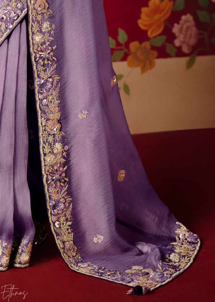 Lavender Purple Floral Sequin Embroidered Organza Tissue Saree
