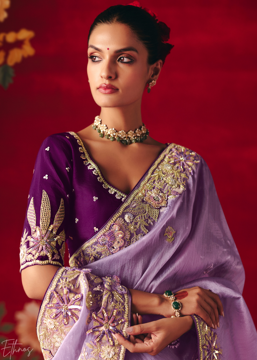 Lavender Purple Floral Sequin Embroidered Organza Tissue Saree