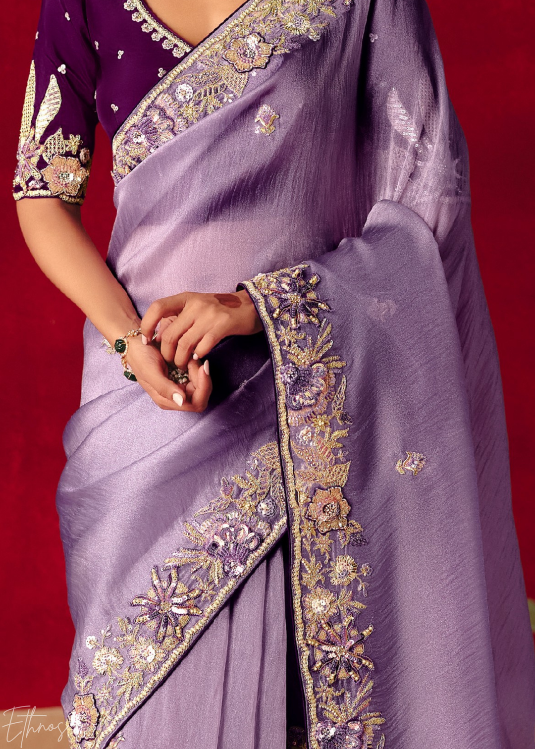 Lavender Purple Floral Sequin Embroidered Organza Tissue Saree