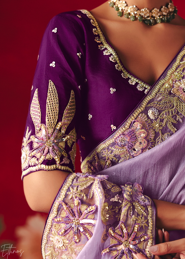 Lavender Purple Floral Sequin Embroidered Organza Tissue Saree