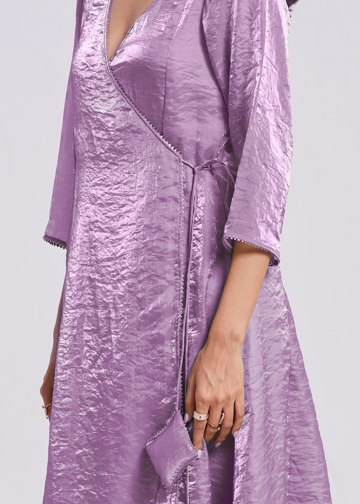 Lavender Purple Organza Asymmetric Wrap Tunic Pant Suit