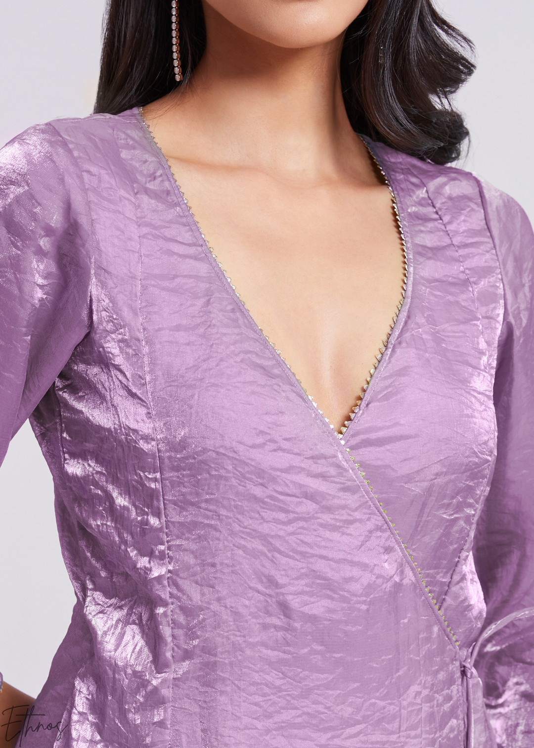Lavender Purple Organza Asymmetric Wrap Tunic Pant Suit