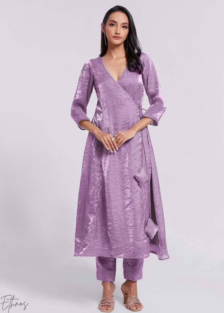 Lavender Purple Organza Asymmetric Wrap Tunic Pant Suit