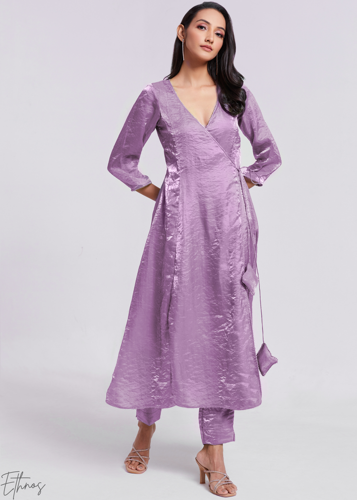 Lavender Purple Organza Asymmetric Wrap Tunic Pant Suit