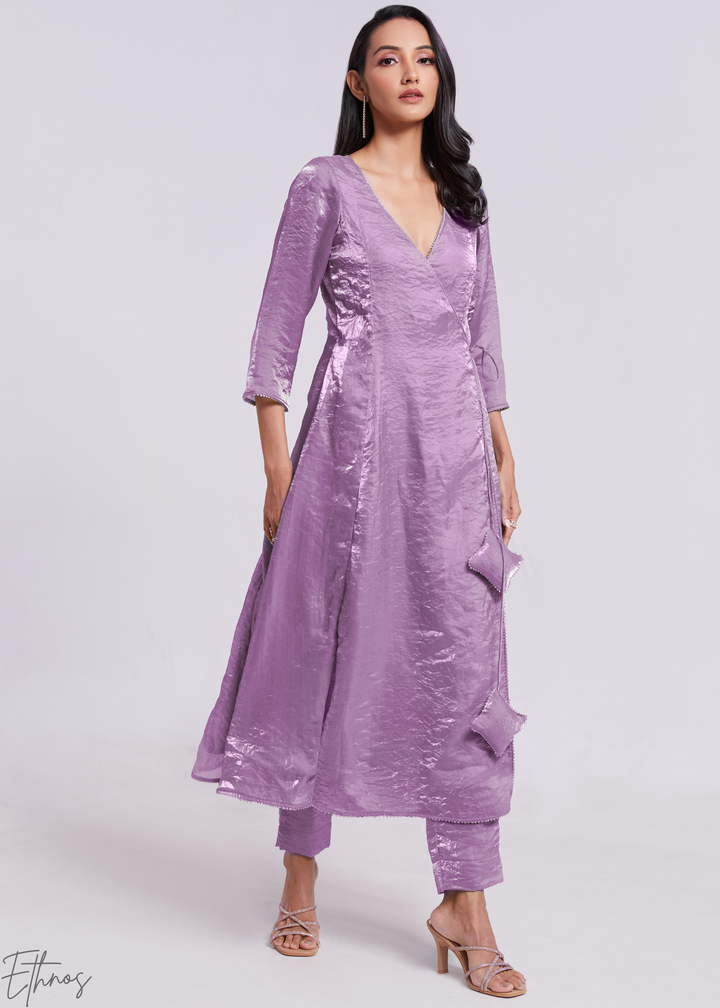 Lavender Purple Organza Asymmetric Wrap Tunic Pant Suit