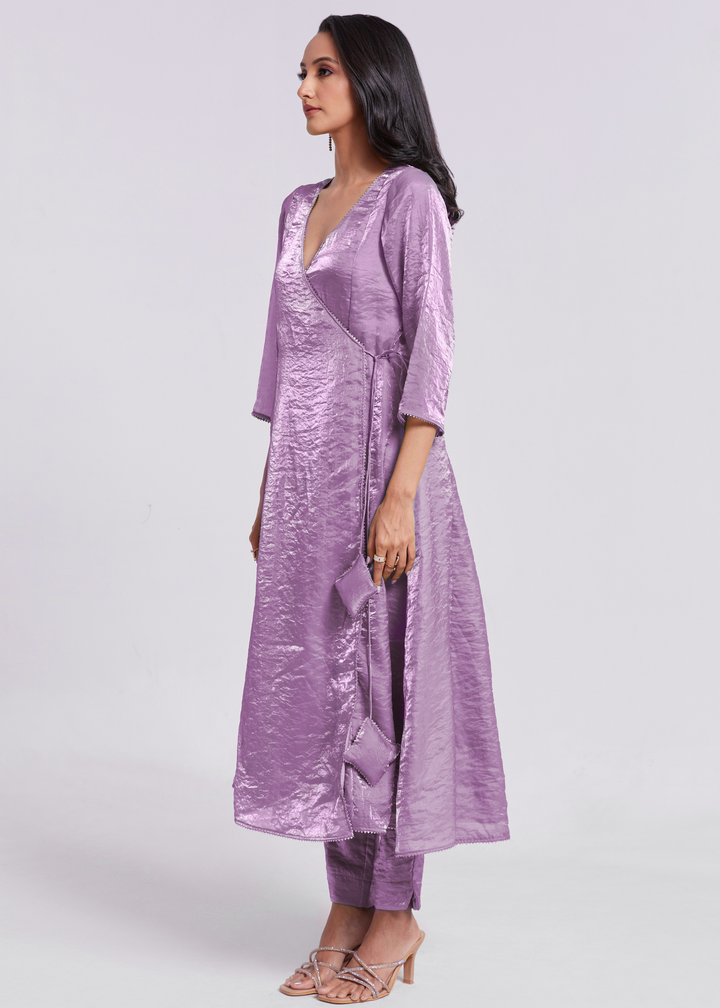 Lavender Purple Organza Asymmetric Wrap Tunic Pant Suit