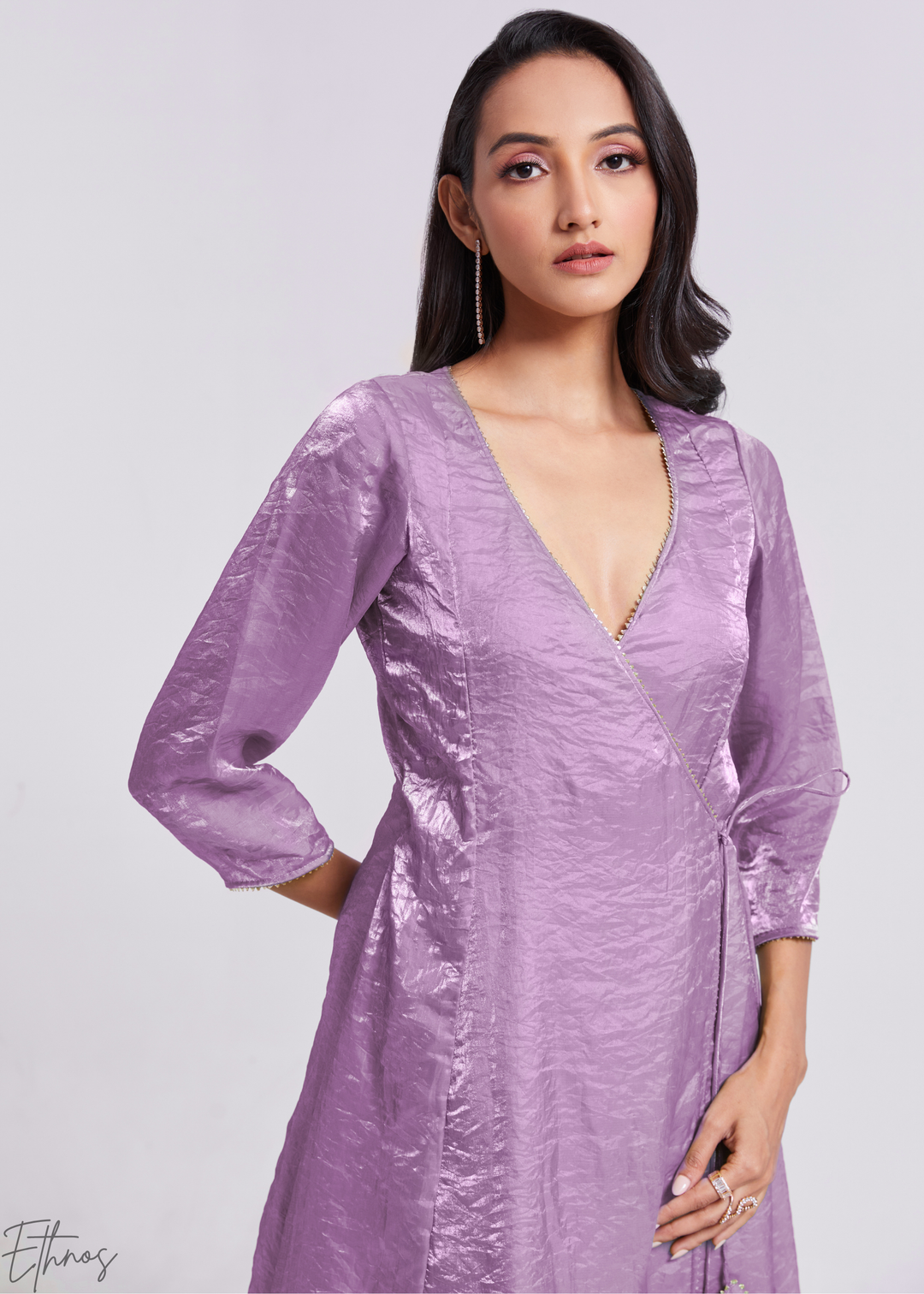 Lavender Purple Organza Asymmetric Wrap Tunic Pant Suit