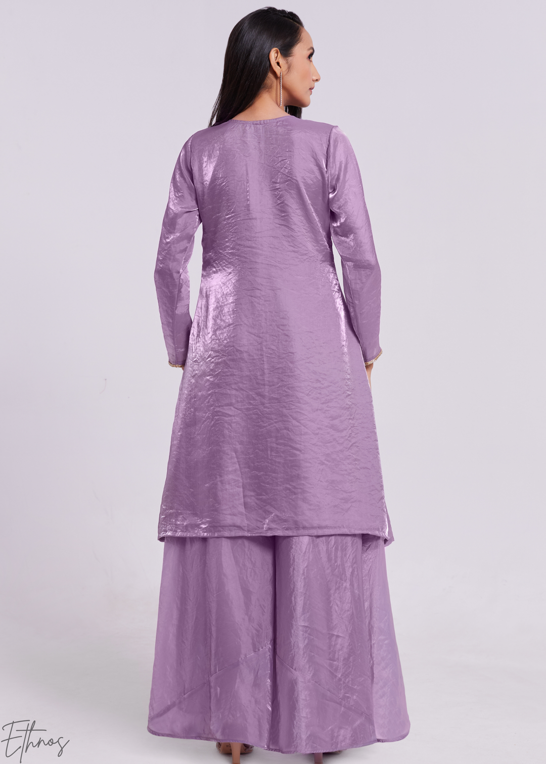 Lavender Purple Organza V-Neck Tunic and Cowl Palazzo Suit