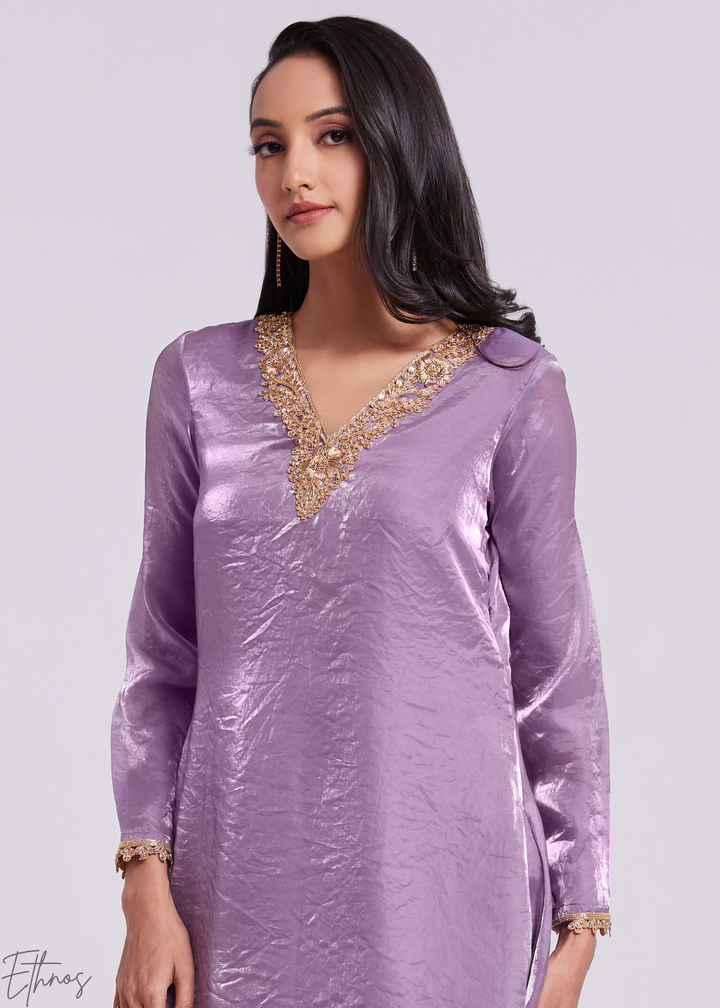 Lavender Purple Organza V-Neck Tunic and Cowl Palazzo Suit